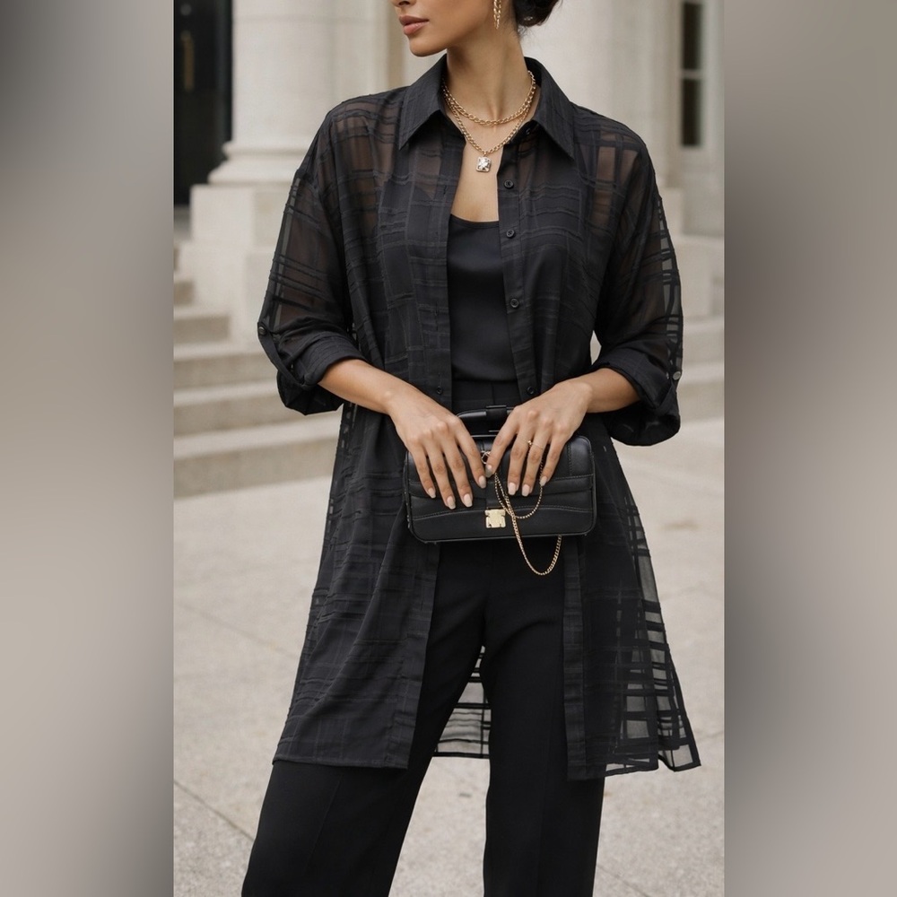 MING WANG Elegant Black Sheer Long Blouse / Duster